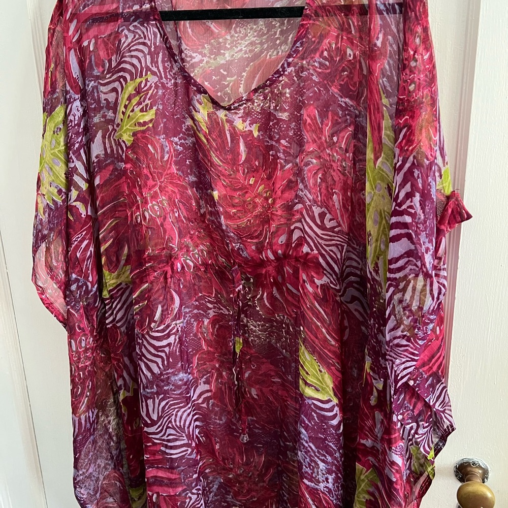 Sheer Floral & Zebra Print Tunic - Raspberry with Lime Accents